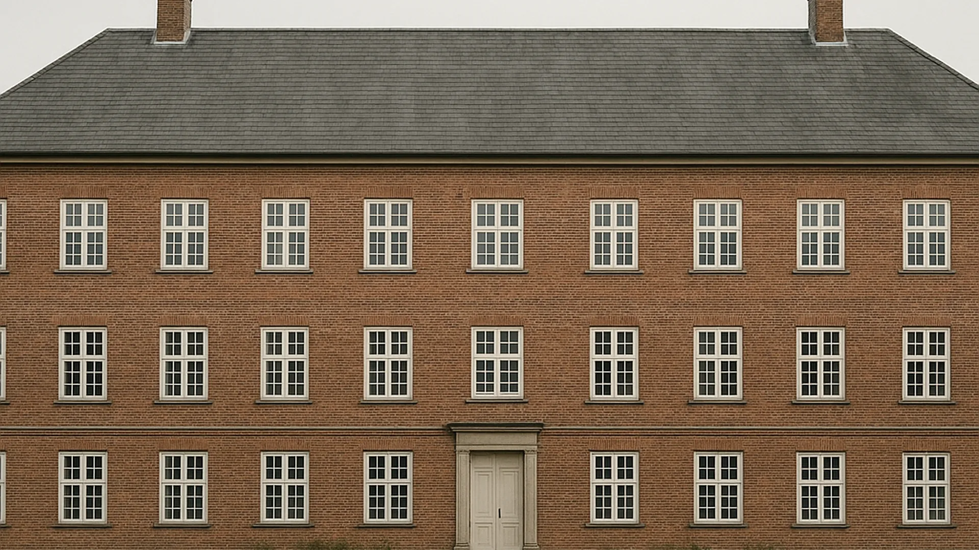 Gammel hospitalsbygning i røde mursten med sprossevinduer i blødt morgenlys